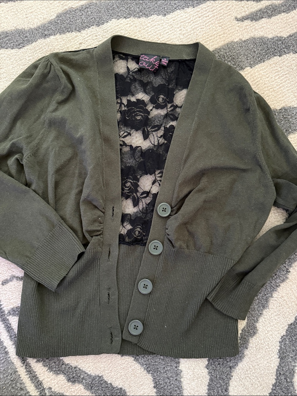 take out Olive Green Lace-Back Button-Front Cardigan